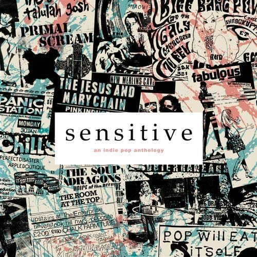 Vinyl record cover collage of band posters with "sensitive" text overlay.