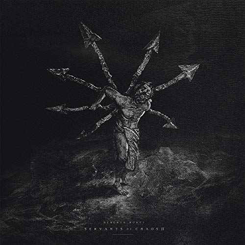Dark, detailed illustration of a figure pierced by arrows, album cover.