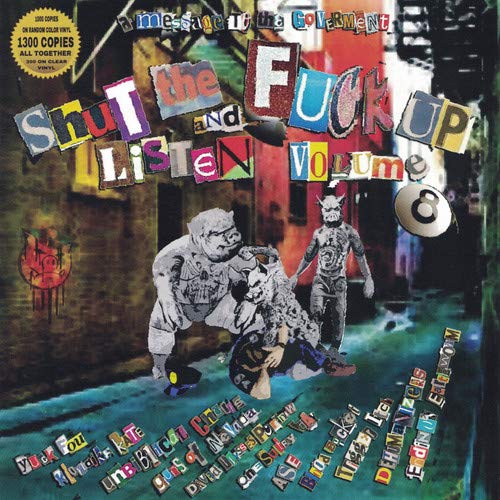 Vinyl album cover with collaged text and illustration of three figures in an alley.