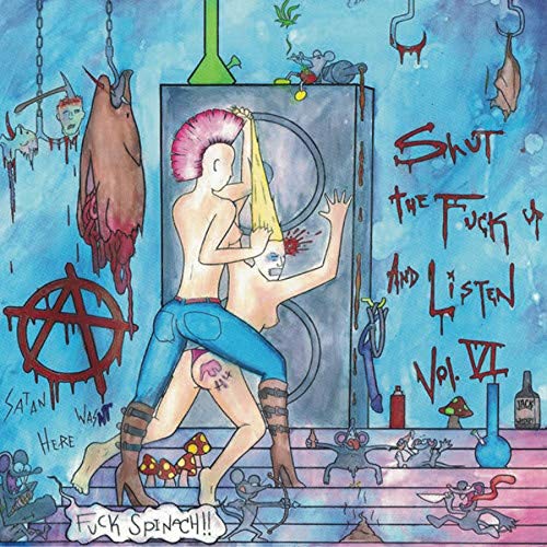 Album cover: colorful, chaotic illustration with figures, text, and symbolic imagery.