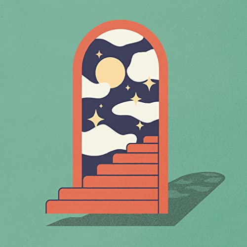 Retro-style album cover with stairs leading to a moonlit sky.