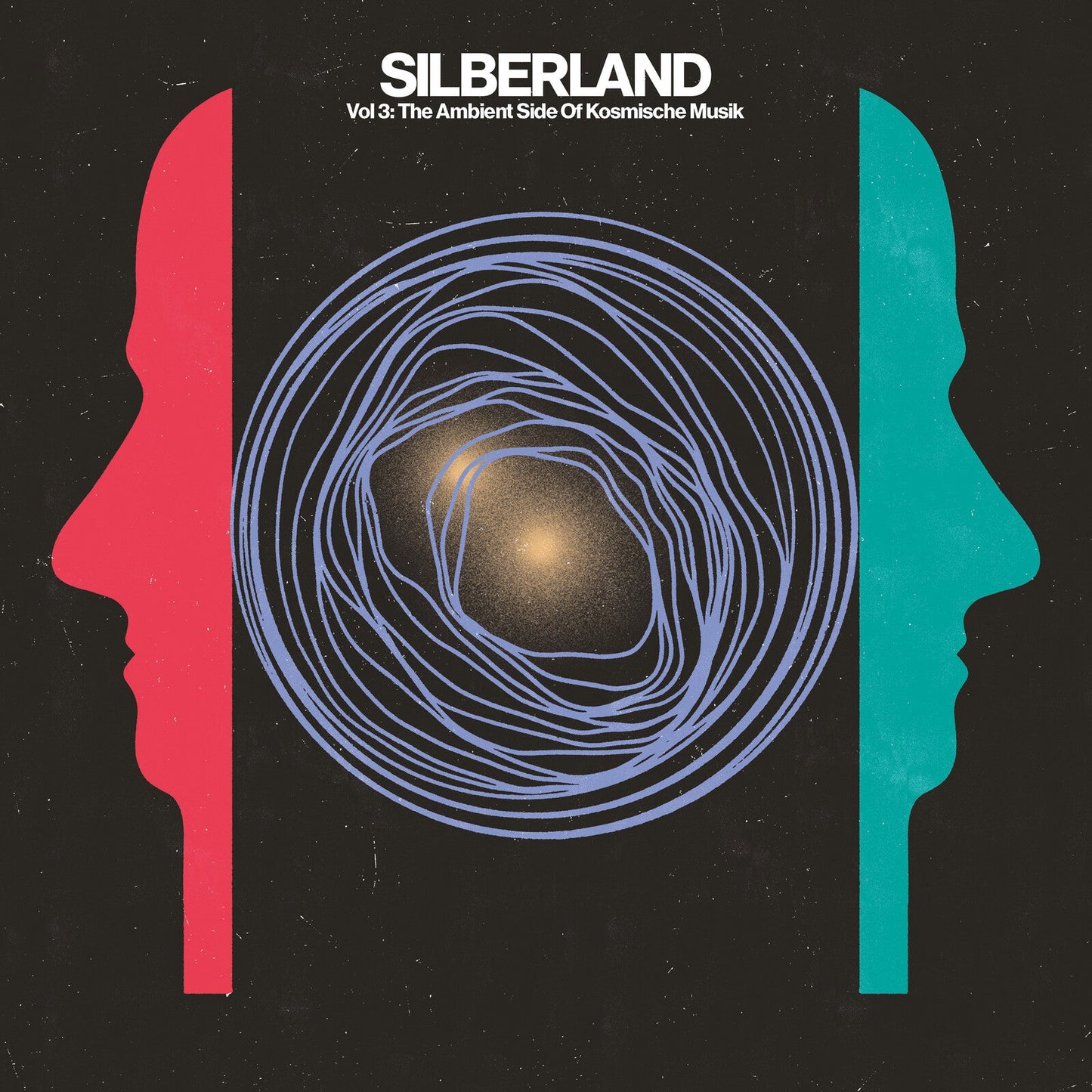 Silberland Vol 3 album cover: black background, red and teal profiles, spiral design.