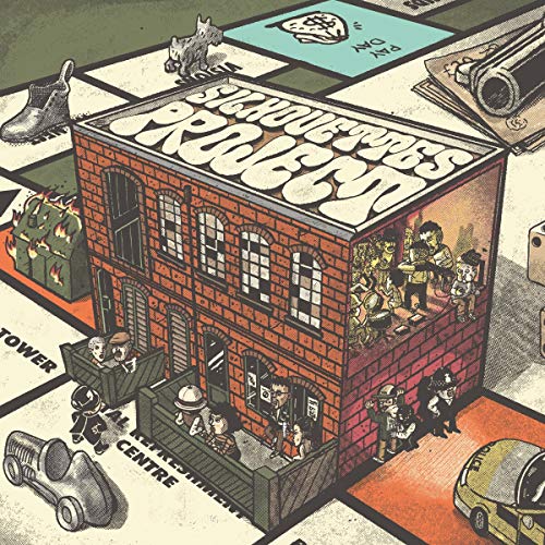 Isometric illustration of a brick building with figures and surrounding details.