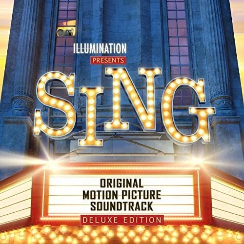 The Sing movie soundtrack cover features a theater marquee with illuminated letters and text.