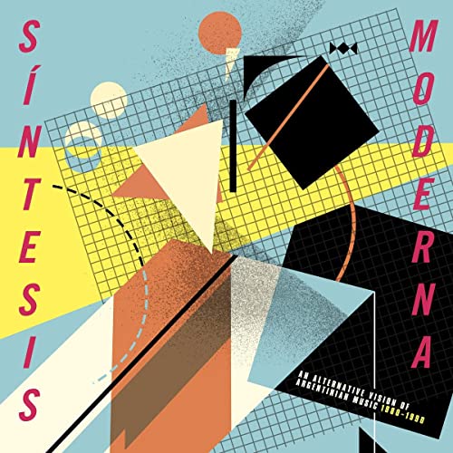 Abstract geometric album cover with colorful shapes, grids, and text "Sintesis Moderna".