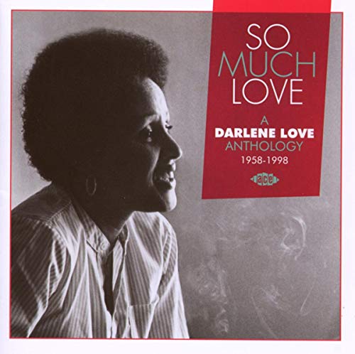 Black and white portrait of Darlene Love on a red and beige album cover.