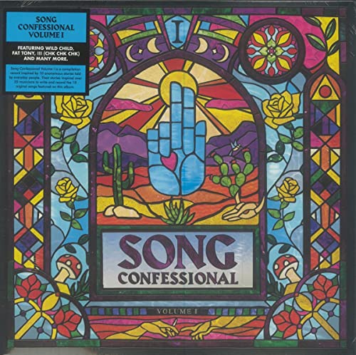 Colorful stained glass album cover with hand, flowers, and desert landscape design.