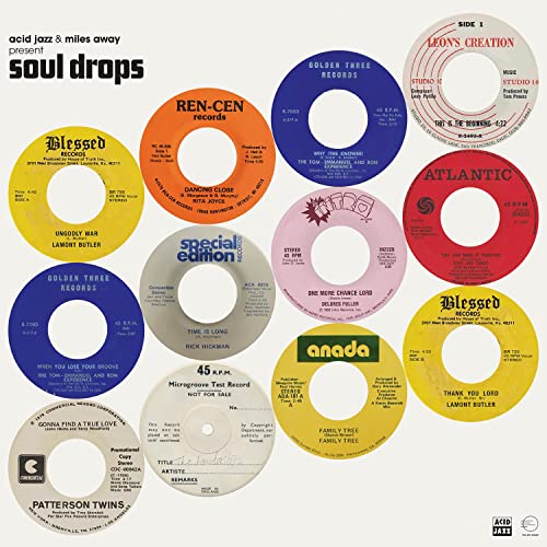 Soul Drops" vinyl record cover featuring colorful, overlapping 45rpm record labels.