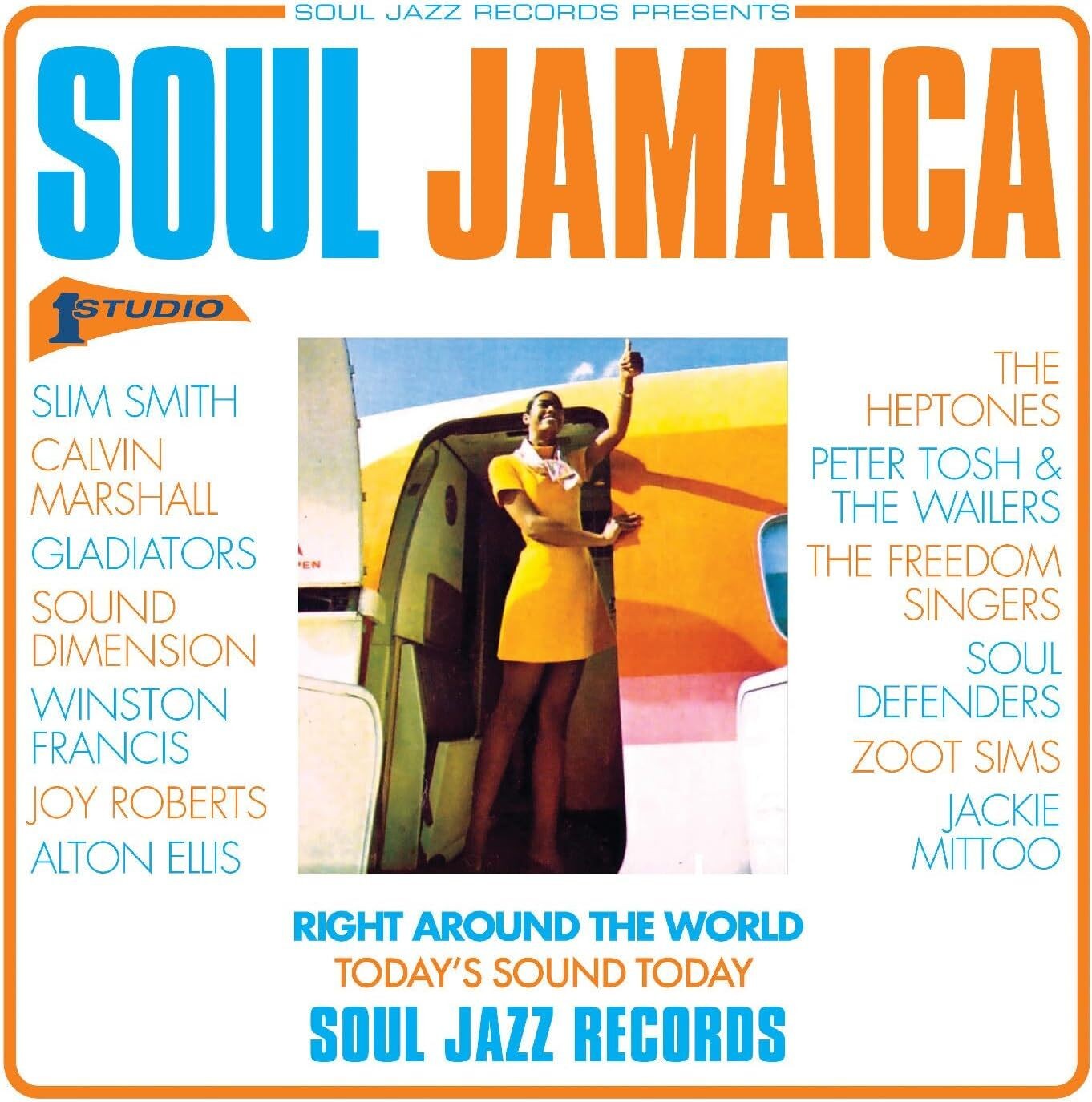 CD cover for Soul Jamaica featuring a woman in a yellow dress boarding a plane.
