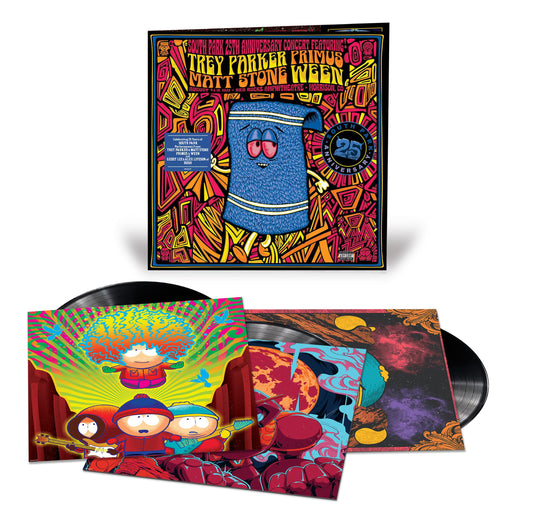South Park 25th Anniversary concert vinyl record with colorful psychedelic artwork.