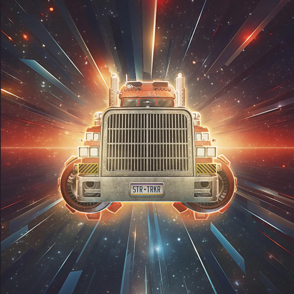 A semi-truck with a STR-TRKR license plate flying through a star-filled space warp.