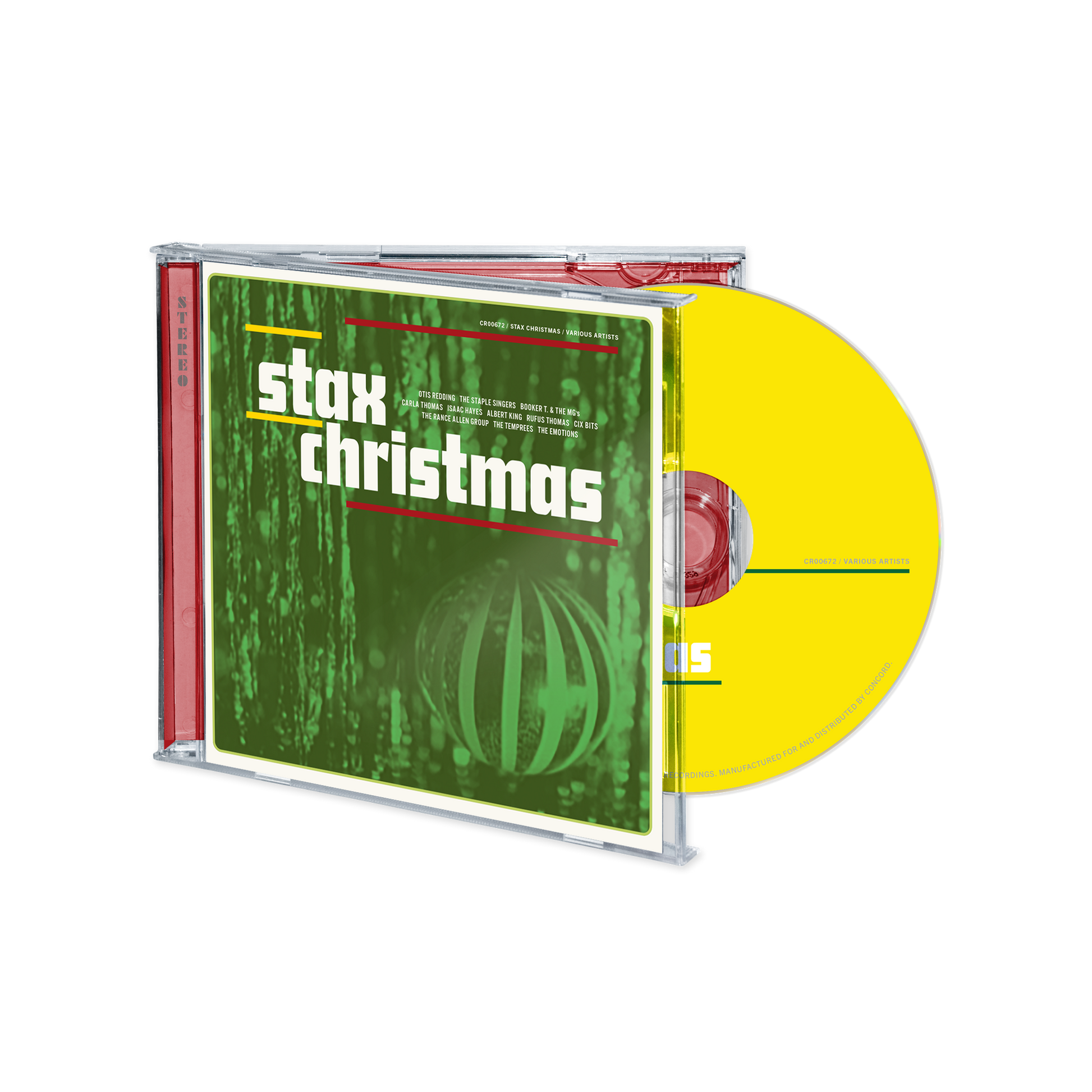 “Stax Christmas” CD in jewel case, green and yellow cover, with barcode.