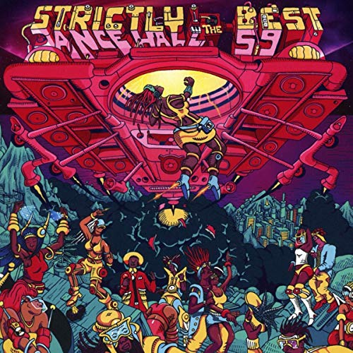 "Album cover art featuring a futuristic scene with dancing figures and a spaceship."