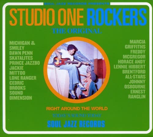CD cover for “Studio One Rockers” featuring a guitarist in orange circle.