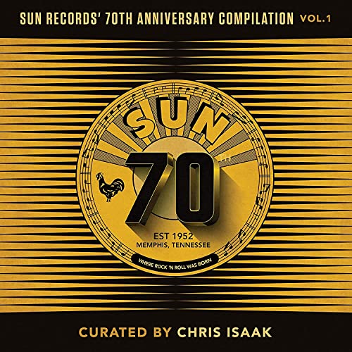 Sun Records 70th Anniversary compilation vinyl record cover with gold and black design.