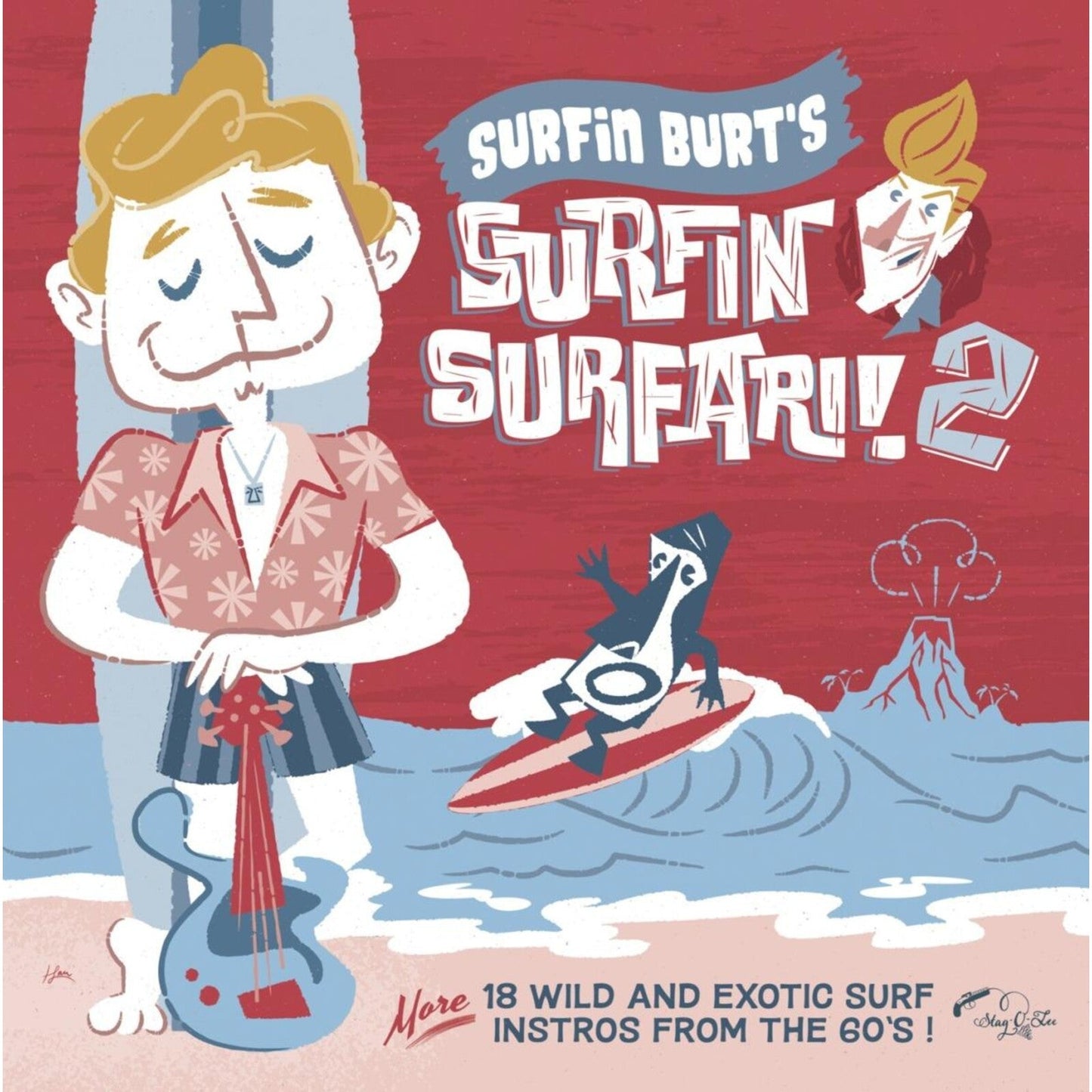 Vinyl record cover: cartoon man surfing with a guitar, title "Surfin Burt's Surfin Safari!! 2".