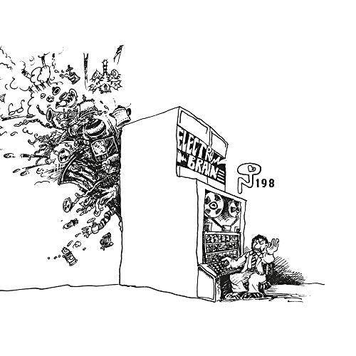 Black and white line drawing of a man operating a large Electro Brain machine.