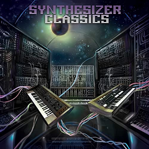 CD cover for “Synthesizer Classics” featuring vintage synthesizers and space imagery.