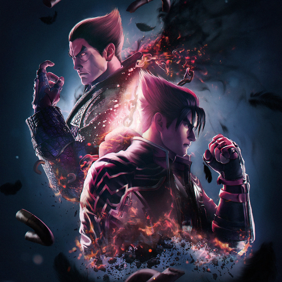 Kazuya and Jin Mishima from Tekken 8 surrounded by fire, chains, and floating feathers.