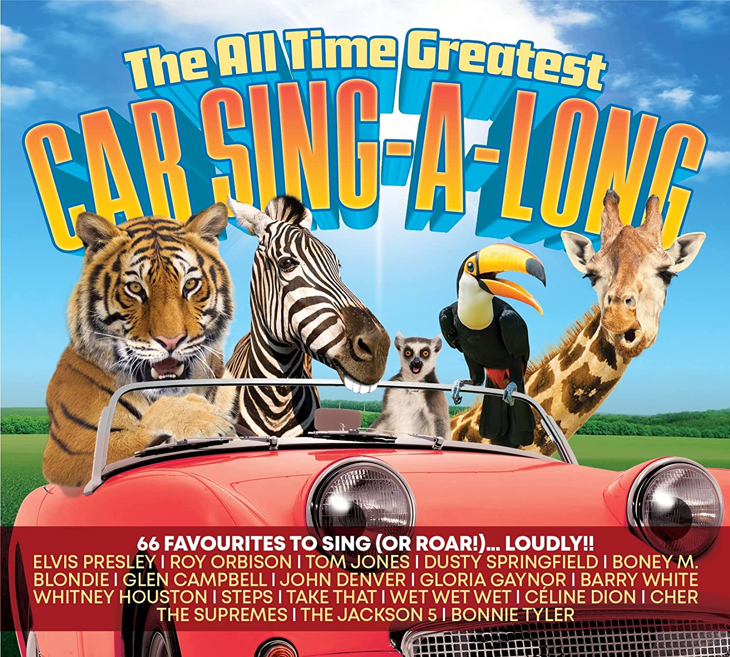 CD cover: animals riding in a red convertible car.