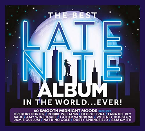 CD cover with neon text, a saxophone player, and a city skyline.