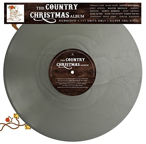 Silver vinyl record for "The Country Christmas Album" with label detail.