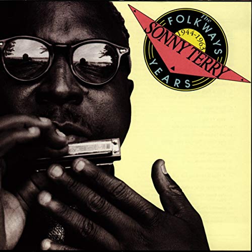 Sonny Terry with harmonica and sunglasses on album cover for "The Folkways Years.