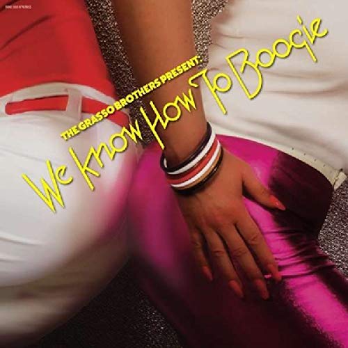 Vinyl album cover featuring a woman's hand on shiny pink pants, with yellow text overlay.