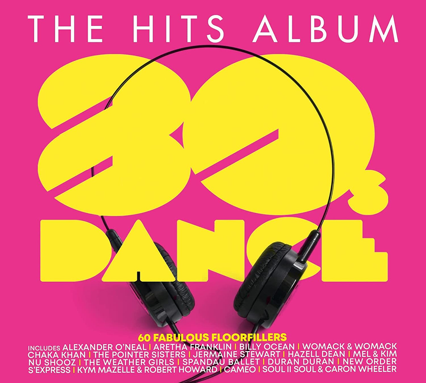 80s Dance Hits album cover with bright pink and yellow design, headphones.
