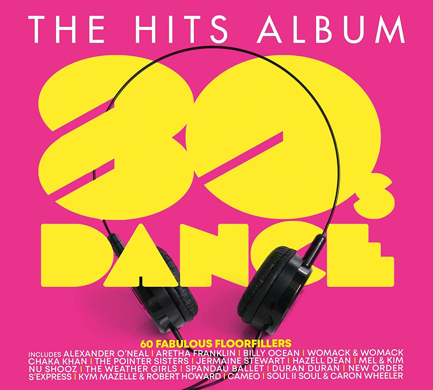 80s Dance Hits album cover with bright pink and yellow design, headphones.