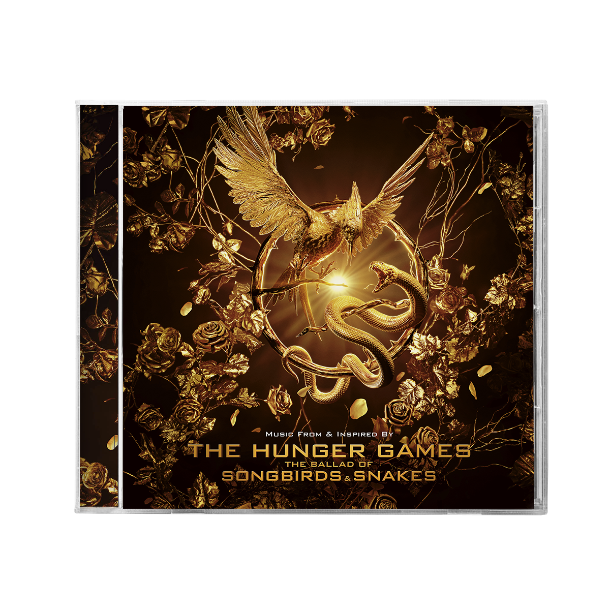 CD cover featuring a golden bird and snake entwined within roses on black background.