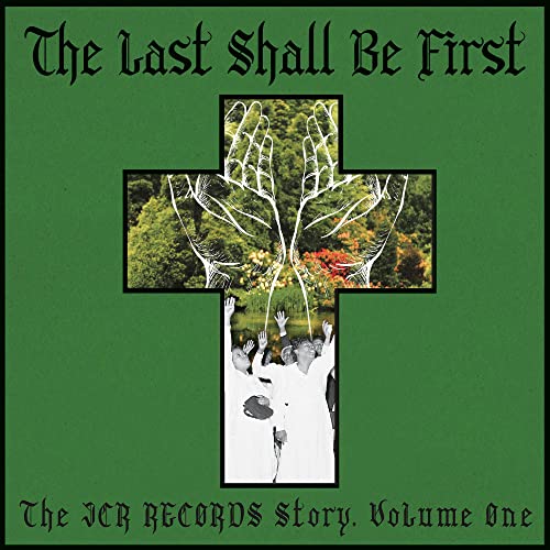 Album cover with a green background, a cross shape containing hands and people praying.