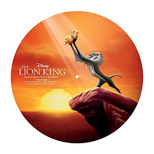 Rafiki holds Simba up on Pride Rock against a sunset background on a vinyl record.