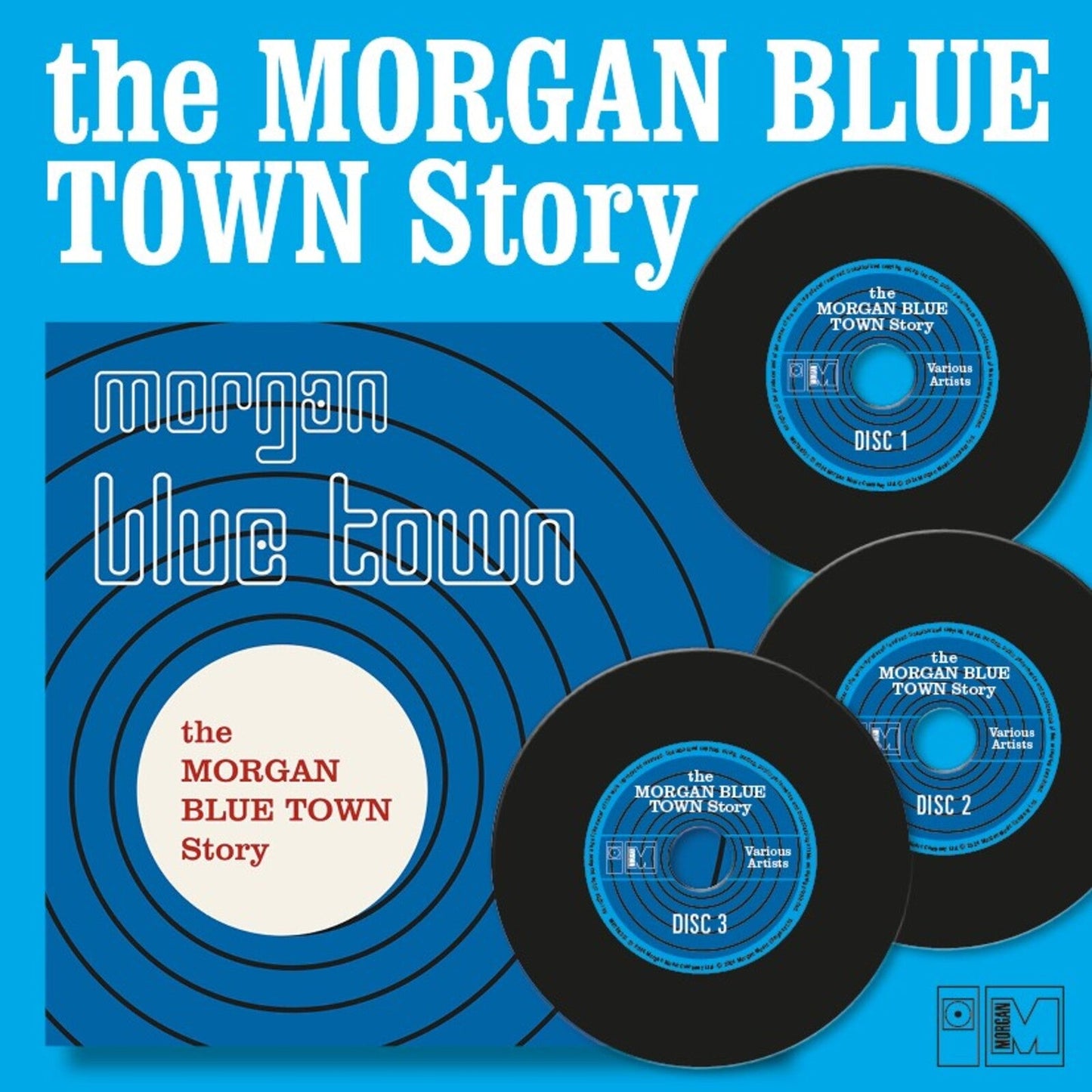CD cover for "The Morgan Blue Town Story" with stacked vinyl records.