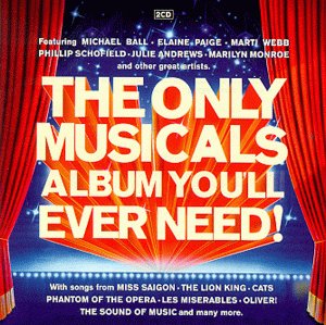 CD cover for "The Only Musicals Album You'll Ever Need" with red curtains.