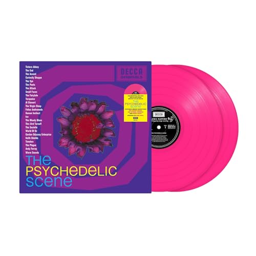 Pink vinyl record with colorful floral album cover, titled "The Psychedelic Scene".