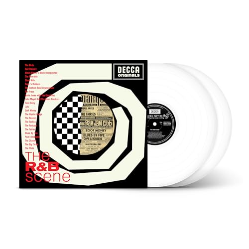 White vinyl record with black and white geometric album cover, listing artists.