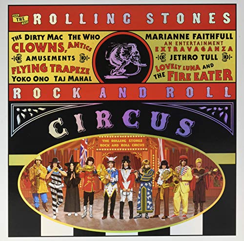 The Rolling Stones Rock and Roll Circus vinyl album cover with colorful performers.