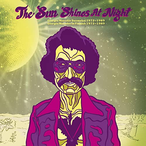 Album cover: illustrated portrait of Giorgio Moroder with disco elements.