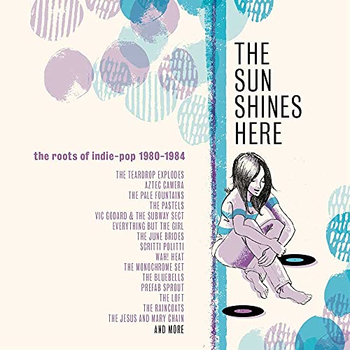 Album cover with illustration of a girl sitting among vinyl records and text list.