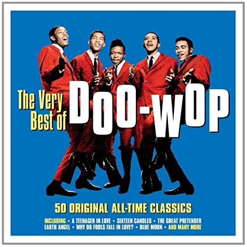 Five men in red suits stand against a blue background on a music album.