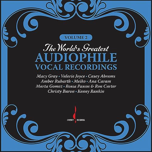 Black vinyl record cover with ornate blue frame and white text.