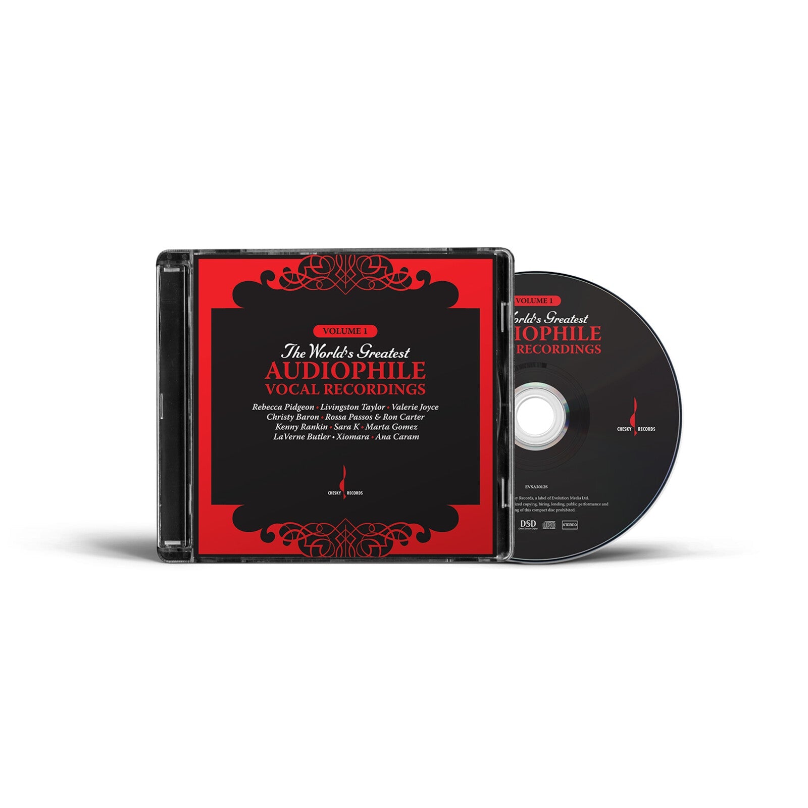 CD case and disc for The World's Greatest Audiophile Vocal Recordings with red accents.