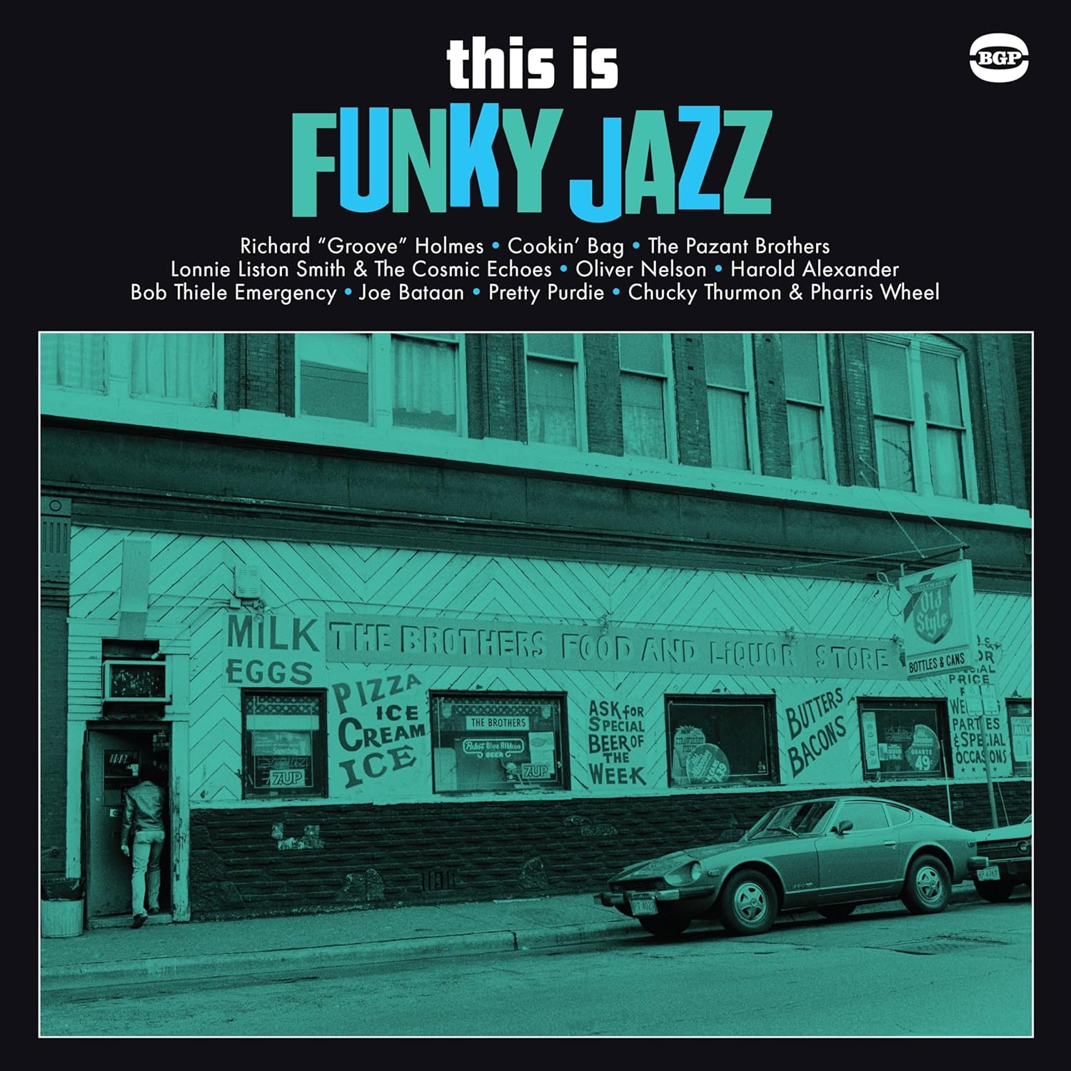 Vinyl record cover: "This Is Funky Jazz" with a storefront scene.