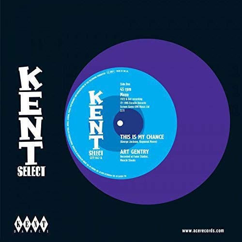 Blue and purple vinyl record label with white text and logos.
