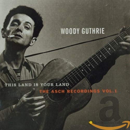 Woody Guthrie with guitar on CD cover, sepia tone, text overlay.