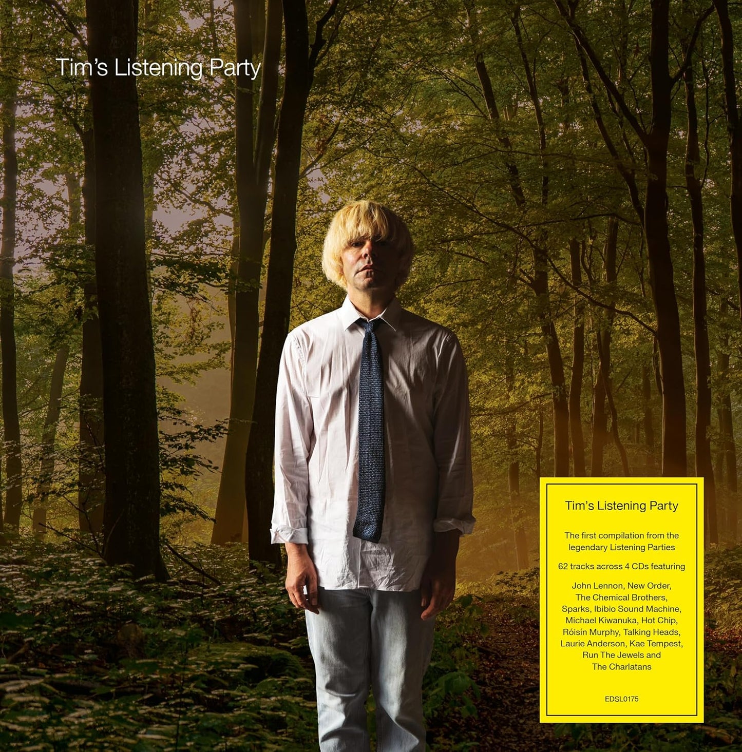 Tim Burgess stands in a forest with a yellow information box on the right.