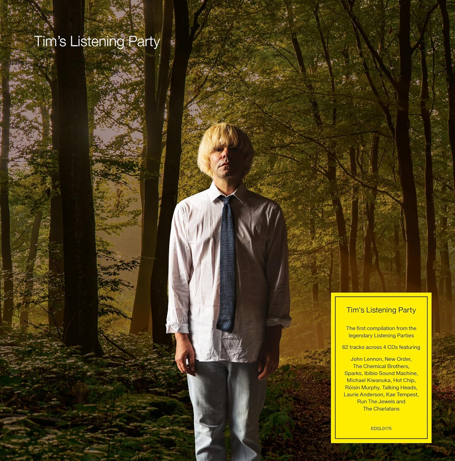 Tim Burgess stands in a forest with a yellow information box on the right.