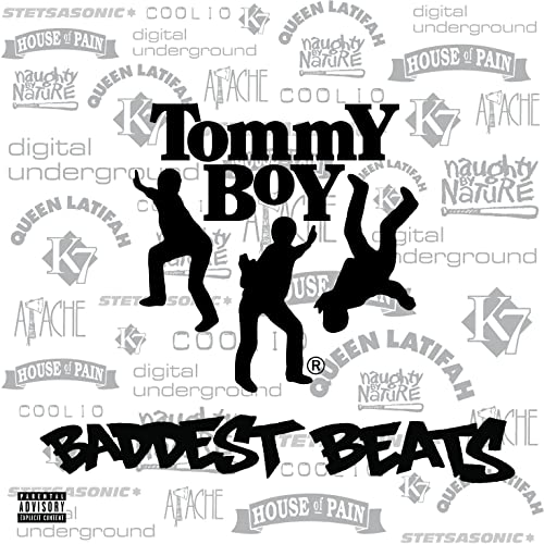 Tommy Boy Baddest Beats vinyl cover with black silhouettes of dancers on white background.
