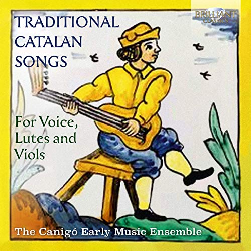 CD cover: man playing lute, Catalan songs, floral border, blue text.
